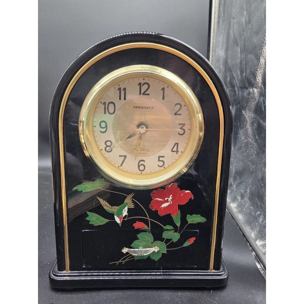 Vintage Yamanaka Quartz Mantel Clock Tabletop Black Red Hummingbird Flower